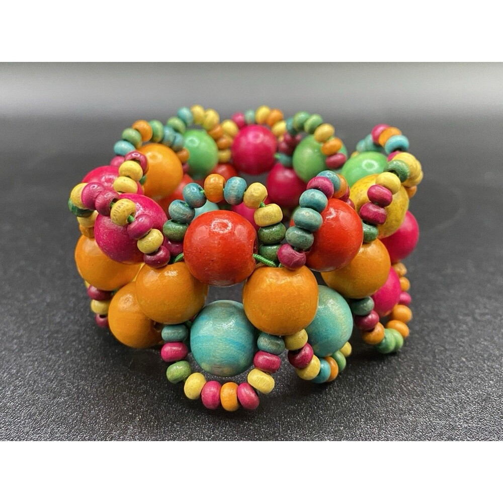 Bright Colorful Multicolor Wood Bead Stretch Bracelet - Picture 2 of 6